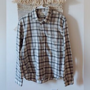 Billy Reid Mens Wool Blend Plaid Flannel Shirt Long Sleeve Gray White Slim Fit